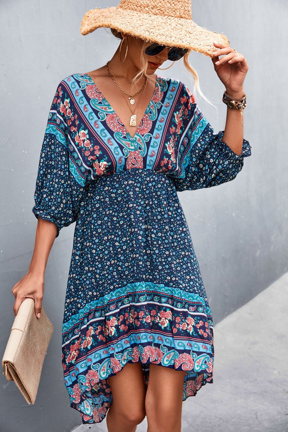 Floral Printed Bohemian V Neck Dress - DUVAL