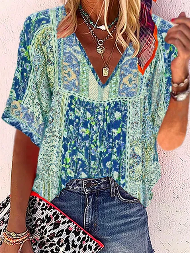 Plus Size Boho Casual Short Sleeve Tops - DUVAL