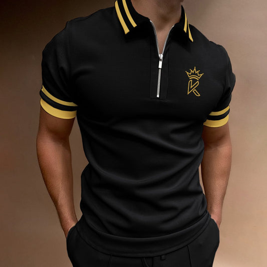 Men's Casual Color Matching Short Sleeve Zipper Polo Shirt Crown K Pattern Print - DUVAL