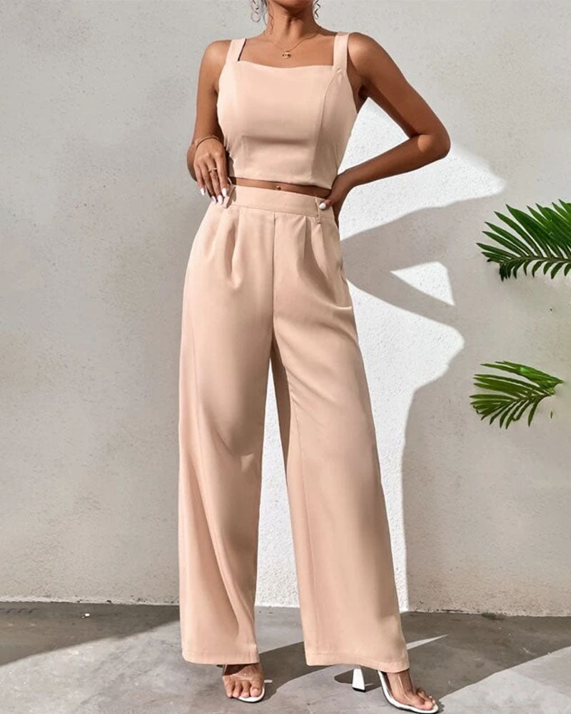 Sleeveless suspender top wide leg pants set