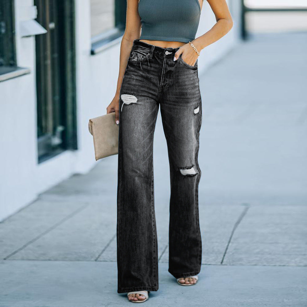 Casual temperament ripped denim wide-leg pants