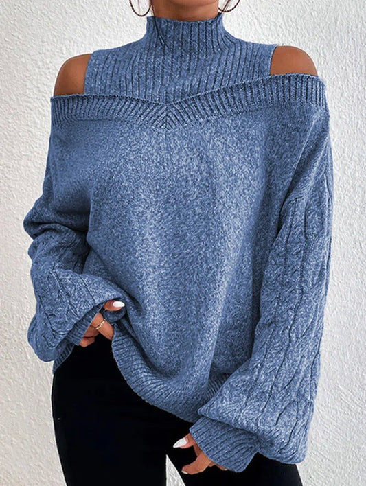 High Neck Cutout Off Shoulder Long Sleeve Loose Sweater