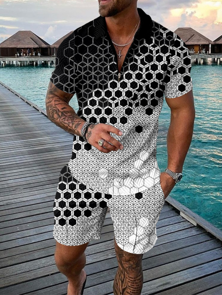 Hexagonal Polo Shirt And Shorts Co-Ord